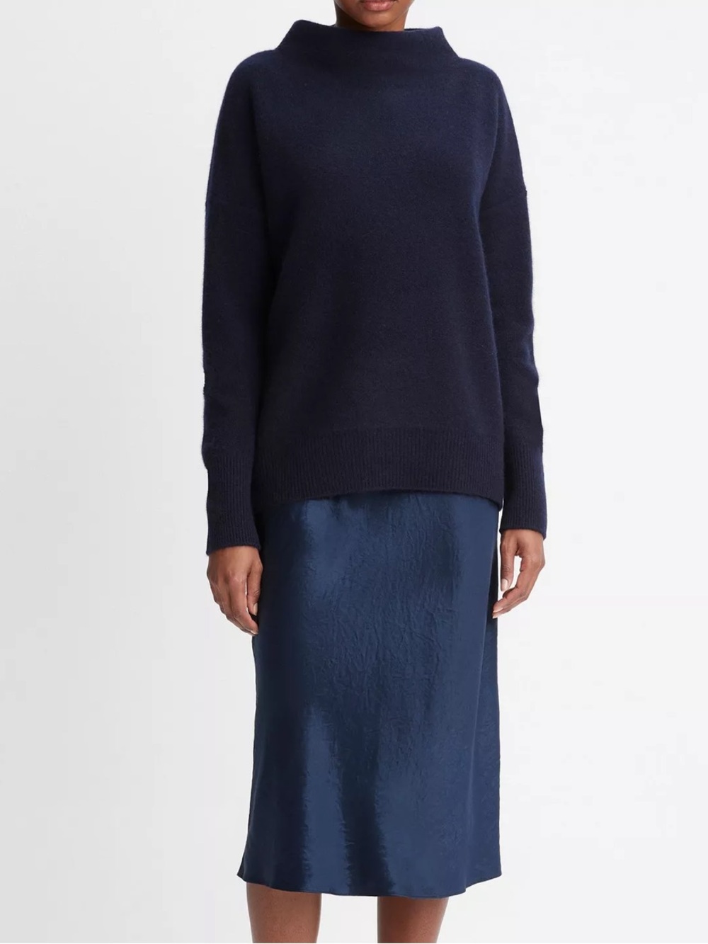 Vince Blue Cashmere Wool Ribbed
Funnel Neck Fisherman Sweater 
Mock Neck SZ L